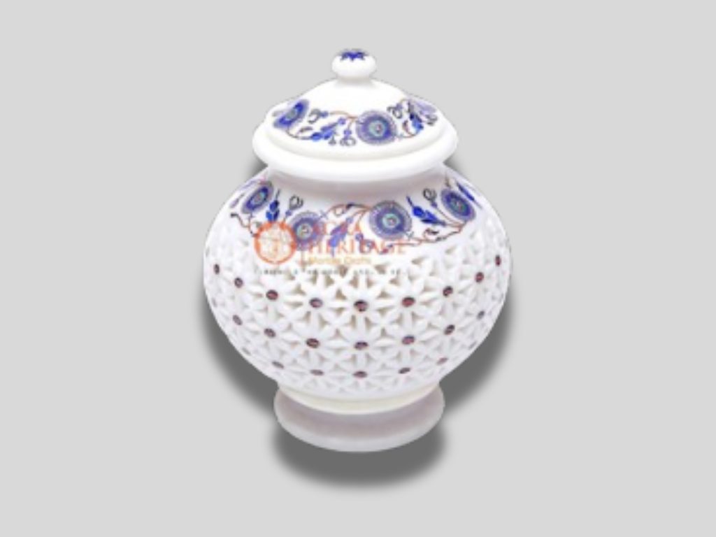 White Marble Top Flower Pot Lapis Inlay Jali Work Home Decor